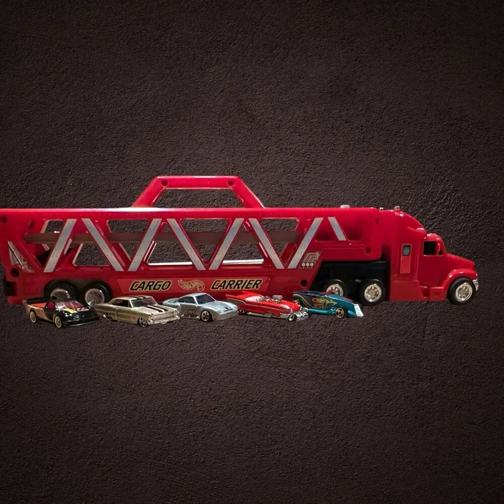 Vintage 1997 Hot Wheels Red Semi Truck and Car Transporter And 5 Cars